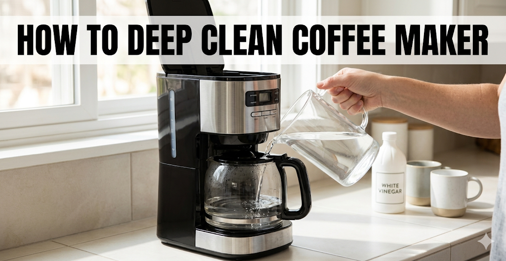 An instructional image showing a person pouring clear liquid from a glass pitcher into the water reservoir of a drip coffee maker. A bottle of white vinegar is visible on the counter nearby. Across the top, a headline banner reads: HOW TO DEEP CLEAN COFFEE MAKER.