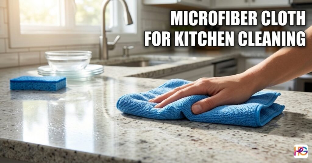 A hand wipes a shiny granite kitchen countertop with a blue microfiber cloth. A blue non-scratch sponge and glass bowls are in the background. Text overlay reads: MICROFIBER CLOTH FOR KITCHEN CLEANING.