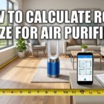 A first-person view of hands holding a yellow tape measure in a bright living room with an air purifier, a smartphone floor plan, and bold text overlay: HOW TO CALCULATE ROOM SIZE FOR AIR PURIFIER.
