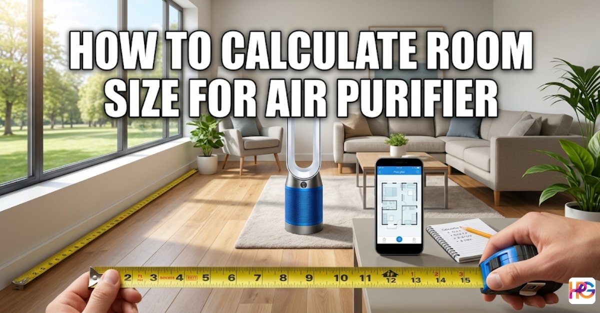 A first-person view of hands holding a yellow tape measure in a bright living room with an air purifier, a smartphone floor plan, and bold text overlay: HOW TO CALCULATE ROOM SIZE FOR AIR PURIFIER.