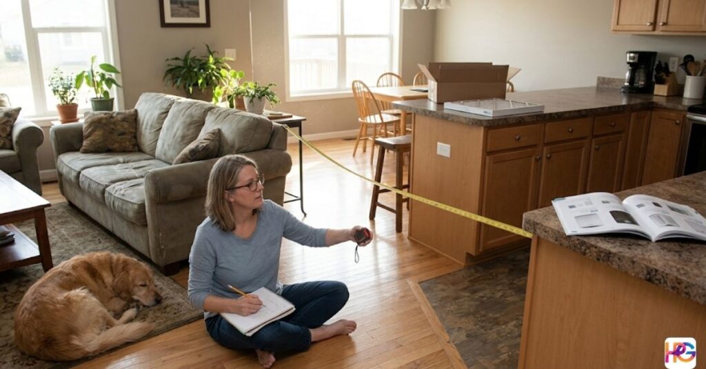A woman with glasses in a suburban home sits on the hardwood floor, measuring an open living and kitchen space with an extended yellow tape measure. She has a notebook and pencil in hand, with a golden retriever dog sleeping nearby. An open book is on the kitchen counter in the background.