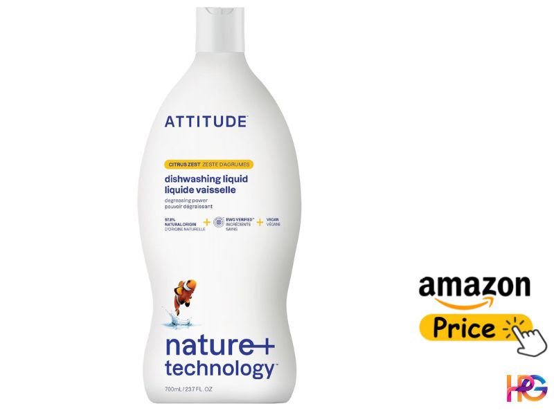 A white bottle of Attitude Citrus Zest Dishwashing Liquid, 700 mL, featuring a clownfish graphic and EWG verification, alongside an Amazon price button.