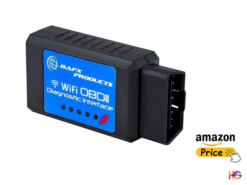 A BAFX Products WiFi OBDII diagnostic interface with a blue label and a standard 16-pin connector.