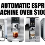 A horizontal image banner featuring four distinct premium automatic espresso machines: a Breville model, a Jura Z10 with a cold-brew glass, a De'Longhi Dinamica, and a Jura E8. Large Impact-font text at the top reads: "BEST AUTOMATIC ESPRESSO MACHINE OVER $1000". The background is white.