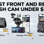 An infographic titled "BEST FRONT AND REAR DASH CAM UNDER $200" featuring floating product displays for three dash cam models: Thinkware F200 Pro, Redtiger F7N, and Viofo A129 Plus Duo. Each model has associated components and an "amazon Price" button.