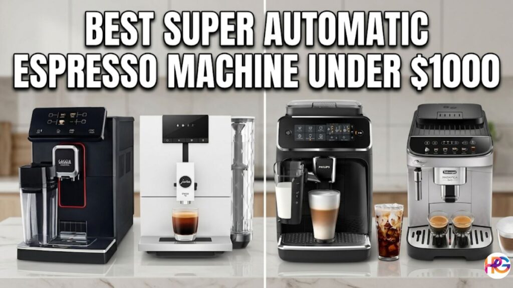 Four automatic coffee makers stand in a row on a white kitchen counter with the words BEST SUPER AUTOMATIC ESPRESSO MACHINE UNDER $1000 printed across the top in bold white text.