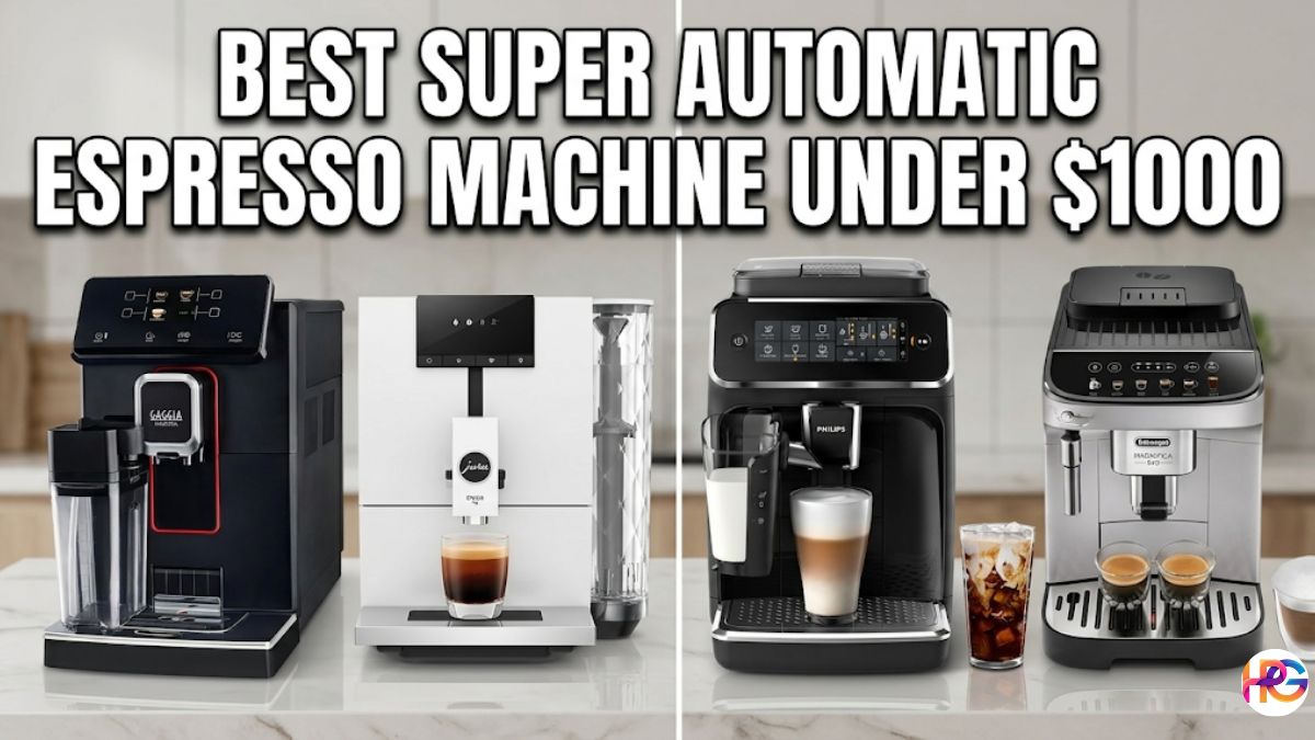 Four automatic coffee makers stand in a row on a white kitchen counter with the words BEST SUPER AUTOMATIC ESPRESSO MACHINE UNDER $1000 printed across the top in bold white text.