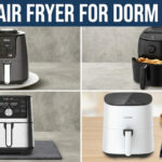A four-panel collage comparing four different air fryers. From top-left to bottom-right: a dark grey Ninja, a black Dash with open fries basket, a stainless steel Instant Vortex Plus, and a white Cosori with accessories. A top banner reads "BEST AIR FRYER FOR DORM ROOM".