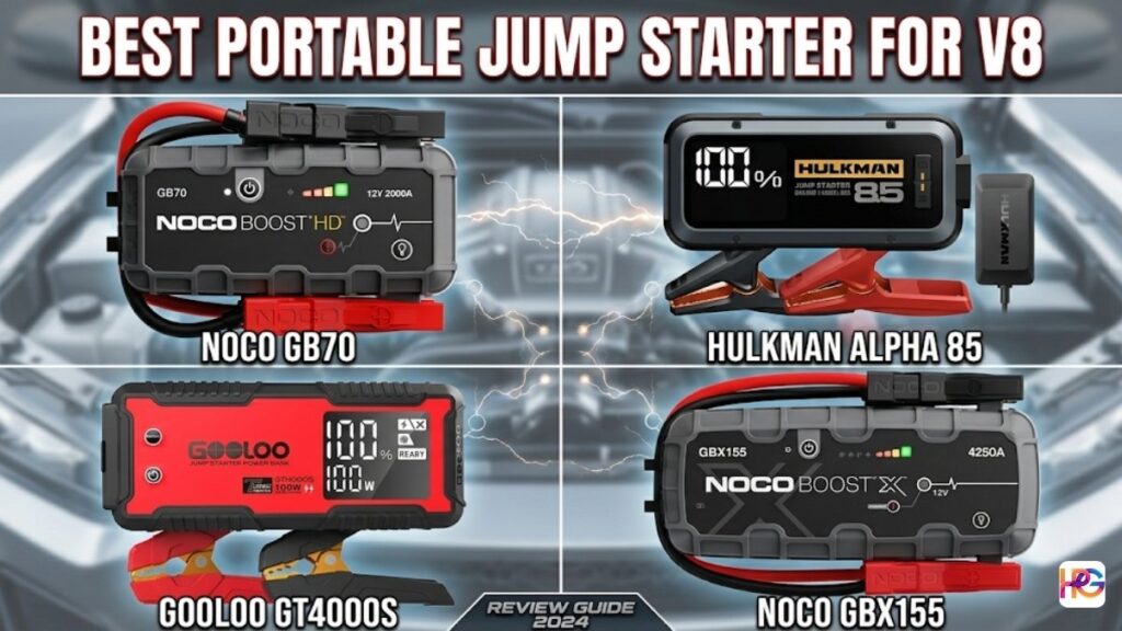 A product comparison grid image titled 'BEST PORTABLE JUMP STARTER FOR V8' featuring four different portable jump starters against an engine background with electrical sparks. The grid displays the NOCO Boost HD GB70, Hulkman Alpha 85, GOOLOO GT4000S, and NOCO Boost X GBX155 side-by-side.