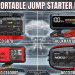 A product comparison grid image titled 'BEST PORTABLE JUMP STARTER FOR V8' featuring four different portable jump starters against an engine background with electrical sparks. The grid displays the NOCO Boost HD GB70, Hulkman Alpha 85, GOOLOO GT4000S, and NOCO Boost X GBX155 side-by-side.