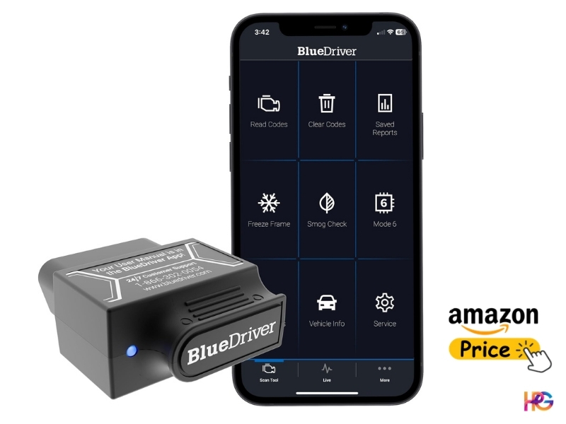 A black BlueDriver Bluetooth OBD2 scanner sits next to a smartphone displaying the BlueDriver app interface with diagnostic options like "Read Codes" and "Smog Check."