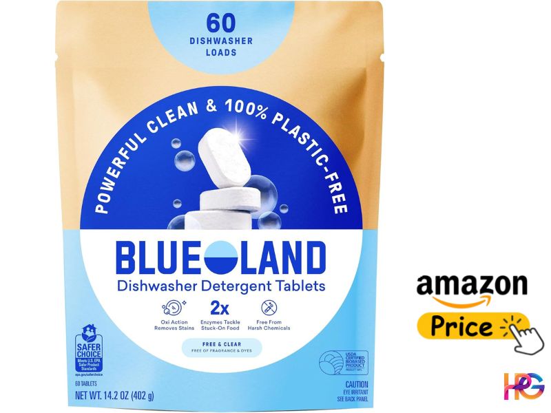 A tan and blue pouch of Blueland Dishwasher Detergent Tablets featuring 60 tabs, marked as "Powerful Clean & 100% Plastic-Free," alongside an Amazon price button.