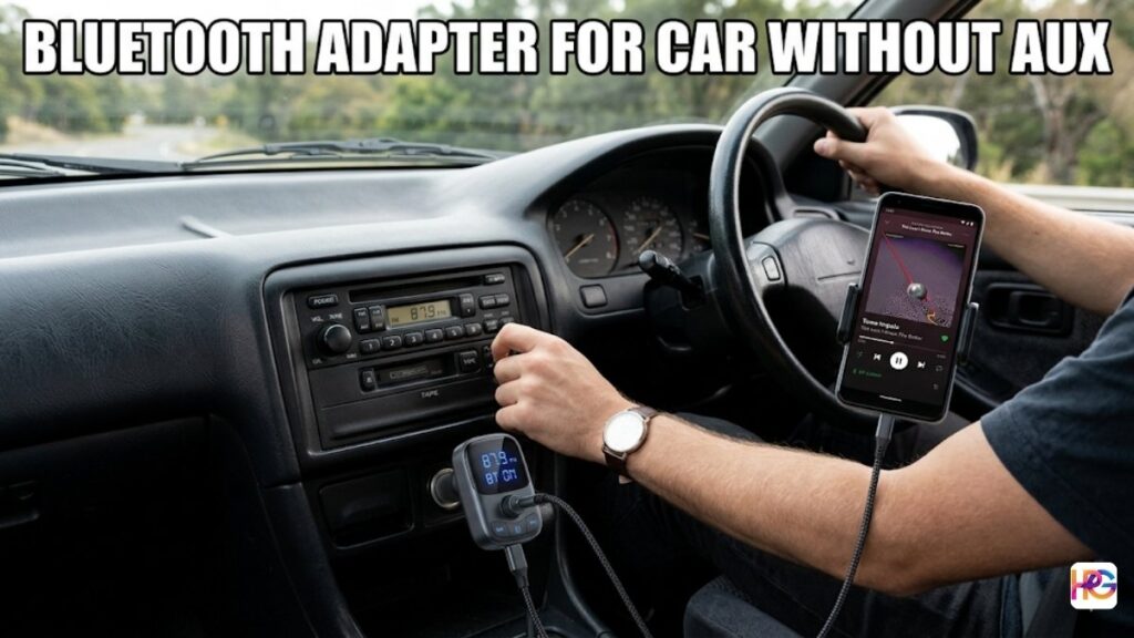 A man's hand reaching for an older car's radio dial while a Bluetooth adapter for car without aux is plugged into the 12V cigarette lighter, with a smartphone in a dashboard mount displaying a music app.
