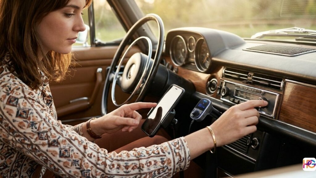 A woman in a classic car touches a mounted smartphone screen while her other hand adjusts a Bluetooth adapter for car without aux plugged into the cigarette lighter.