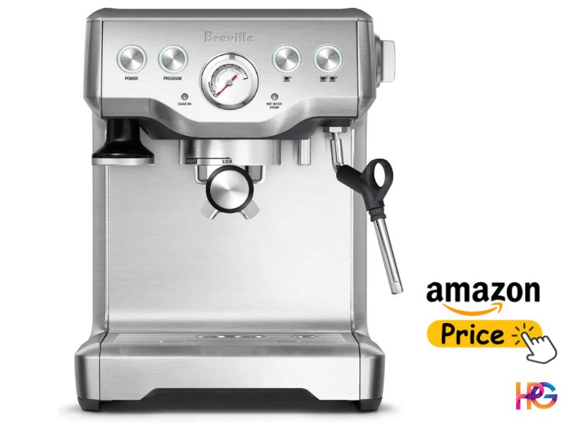 Front view of the stainless steel Breville Infuser espresso machine featuring an analog pressure gauge.