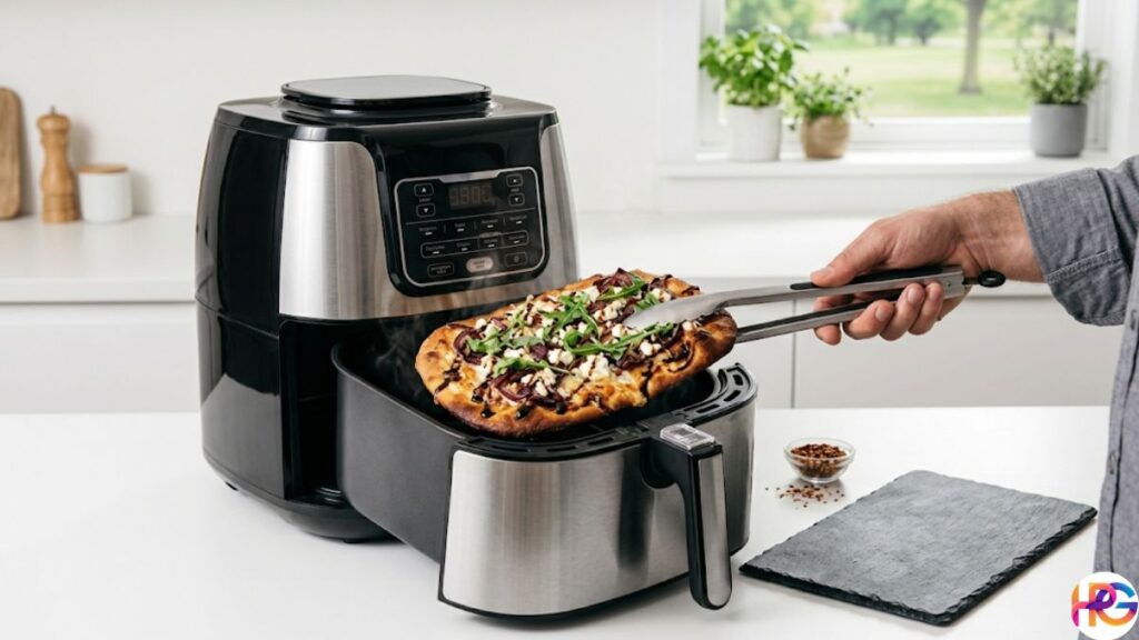 A hand using metal tongs to lift a steaming, crispy flatbread pizza from the basket of a silver air fryer.