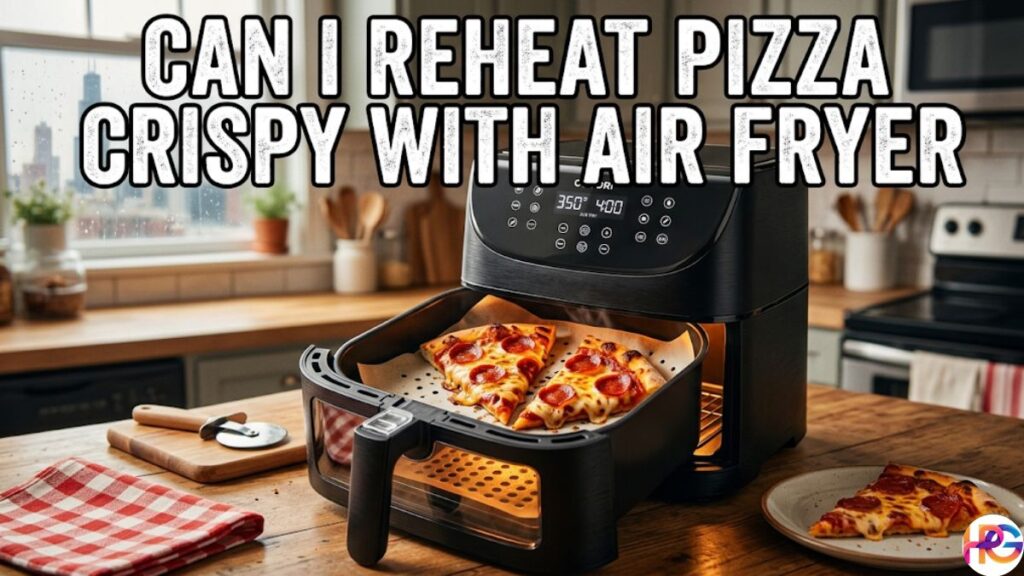 Open air fryer basket showing reheated pepperoni pizza slices. Title text reads "Can I reheat pizza crispy with air fryer".