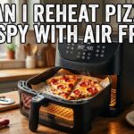 Open air fryer basket showing reheated pepperoni pizza slices. Title text reads "Can I reheat pizza crispy with air fryer".