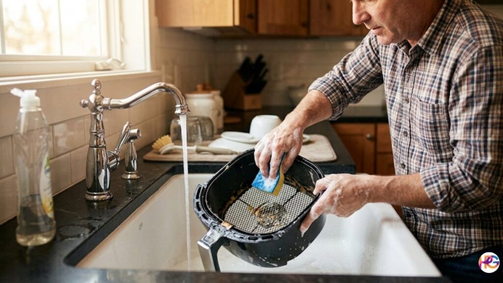 A man in a plaid shirt scrubbing a greasy air fryer basket by hand in a white kitchen sink with soapy water.
