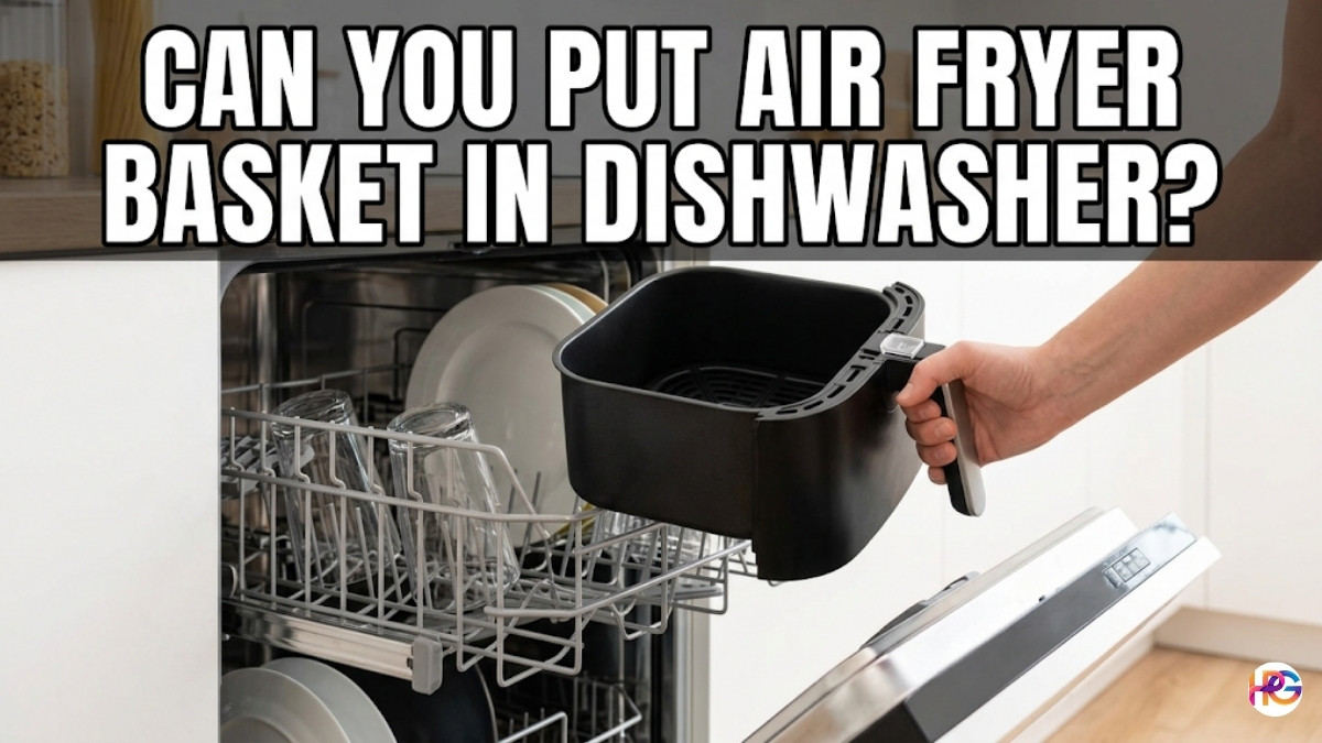 A person placing a black, square air fryer basket into the bottom rack of an open dishwasher with large white text asking "Can you put air fryer basket in dishwasher?".