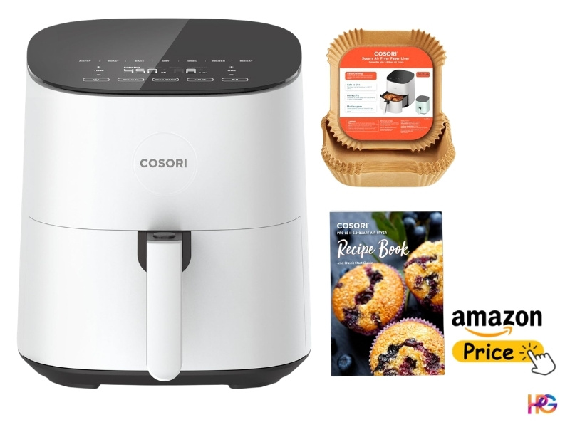 A combination product graphic for the white 5-quart Cosori Pro II Air Fryer. The main image is the air fryer. Beside it are stackable paper liners and a recipe book. To the right is an interactive graphic button with the "amazon" logo, a yellow button labeled "Price," and a hand-cursor pointer graphic clicking it. A small "HPG" watermark logo is in the corner.