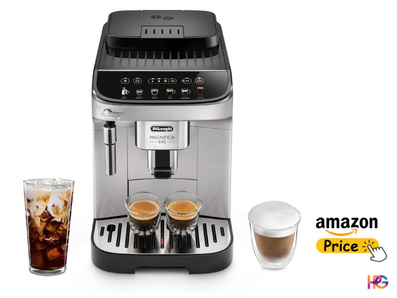 A head-on front view of the silver and black De'Longhi Magnifica Evo coffee machine. Two glasses of espresso are on the drip tray. Flanking the machine are a tall glass of iced coffee (left) and a short cup of milk foam (right). The touch interface with iced coffee icons is visible. A yellow button with an "amazon Price" label and a clicking hand icon is in the bottom-right corner, above a small "HPC" logo.