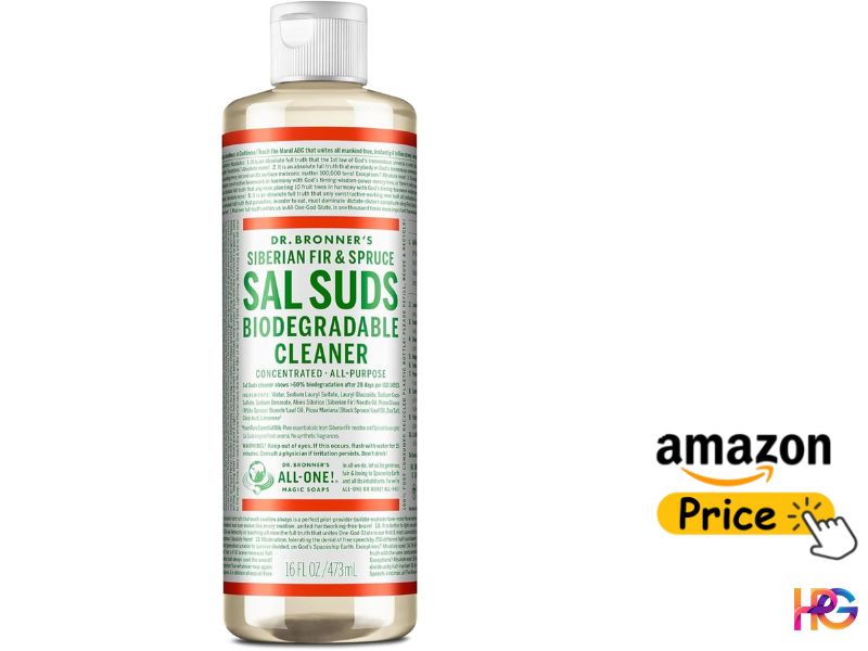 A 16 oz bottle of Dr. Bronner's Siberian Fir & Spruce Sal Suds Biodegradable Cleaner with extensive instructional text, alongside an Amazon price button.