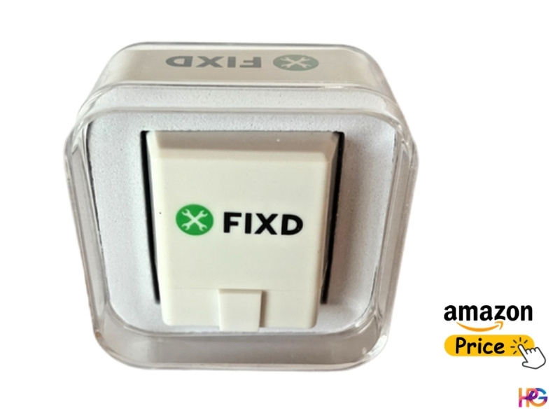 A white FIXD OBD2 sensor displayed inside its clear, square plastic retail packaging with a green wrench logo.