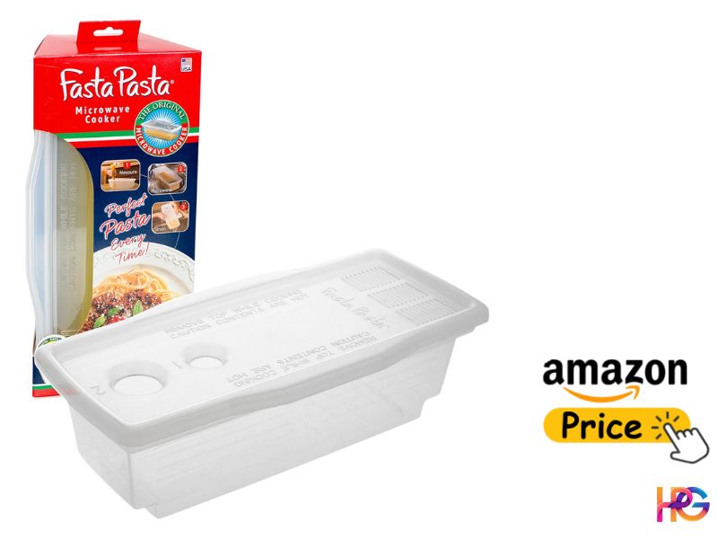 An image of a microwave pasta cooker on a plain background, showing a transparent container with a red lid. It includes the original packaging with the brand "Fasta Pasta" on it. On the side, there is an "Amazon Price" button.
