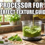A hand pours olive oil from a glass bottle into a running food processor blending a green pesto mixture on a rustic wooden counter. Text overlay reads "FOOD PROCESSOR FOR PESTO PERFECT TEXTURE GUIDE." Ingredients like basil, pine nuts, garlic, Parmesan, and lemons surround the appliance. A stone wall and window are in the background.