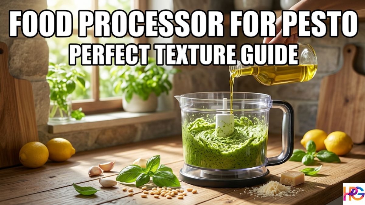 A hand pours olive oil from a glass bottle into a running food processor blending a green pesto mixture on a rustic wooden counter. Text overlay reads "FOOD PROCESSOR FOR PESTO PERFECT TEXTURE GUIDE." Ingredients like basil, pine nuts, garlic, Parmesan, and lemons surround the appliance. A stone wall and window are in the background.