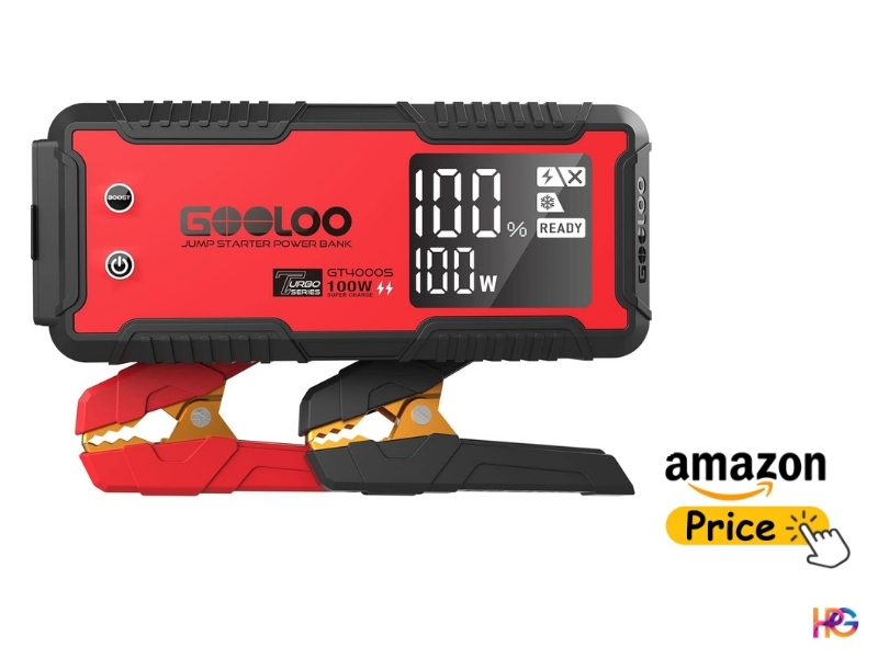 GOOLOO GT4000S 4000A peak current jump starter with red casing, 3.2-inch digital screen, and 100W fast charging capability.
