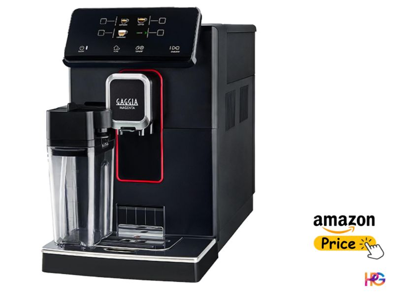 A frontthree-quarter view of the Gaggia Magenta Prestige super automatic coffee machine in a black finish. A clear plastic milk carafe is attached to the front-left, next to the central espresso spigot with its red outline. The color display interface is visible at the top. A yellow button with an "amazon Price" label and a clicking hand icon is in the bottom-right corner, above a small "HPC" logo.