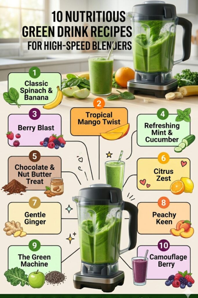 An infographic titled "10 Nutritious Green Drink Recipes for High-Speed Blenders" showing ten numbered smoothie names surrounded by illustrations of fresh fruits and leafy greens.