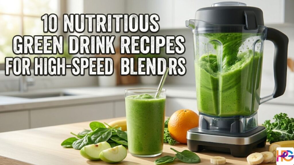A photorealistic modern kitchen counter scene with a high-speed blender dynamically mixing a vibrant green smoothie, next to a glass with a completed drink and a reusable straw. Various fresh ingredients (spinach, kale, apple slices, orange, and banana) are displayed. Sunlight streams from a background window. Large white text with a dark outline is overlayed in the top-left, reading: "10 NUTRITIOUS GREEN DRINK RECIPES FOR HIGH-SPEED BLENDRS". Note: The text contains a visible spelling error, omitting the second 'E' in 'BLENDERS'.