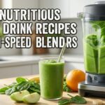 A photorealistic modern kitchen counter scene with a high-speed blender dynamically mixing a vibrant green smoothie, next to a glass with a completed drink and a reusable straw. Various fresh ingredients (spinach, kale, apple slices, orange, and banana) are displayed. Sunlight streams from a background window. Large white text with a dark outline is overlayed in the top-left, reading: "10 NUTRITIOUS GREEN DRINK RECIPES FOR HIGH-SPEED BLENDRS". Note: The text contains a visible spelling error, omitting the second 'E' in 'BLENDERS'.
