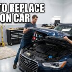 A man and a woman work together in a bright garage to lift a blue sedan's hood, with an open socket wrench set in the foreground and white Impact font text overlaying "HOW TO REPLACE HOOD ON CAR".