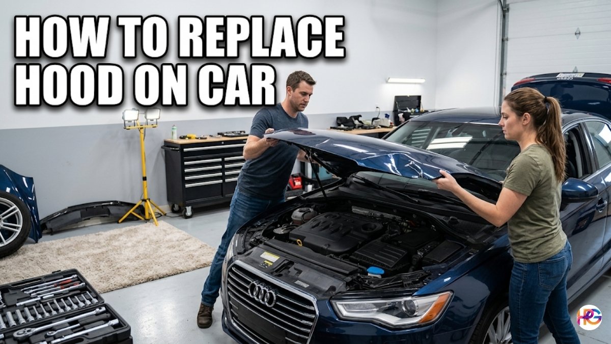 A man and a woman work together in a bright garage to lift a blue sedan's hood, with an open socket wrench set in the foreground and white Impact font text overlaying "HOW TO REPLACE HOOD ON CAR".