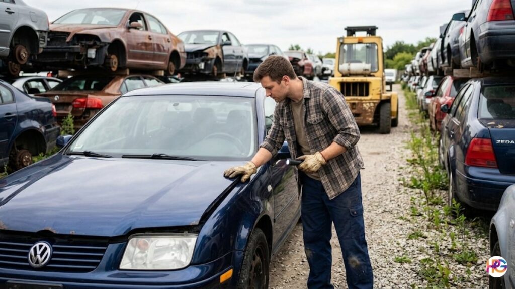 A man wearing a plaid shirt and work gloves uses a flashlight to carefully inspect the front hood of a blue sedan in a car salvage yard. Rows of stacked vehicles and a yellow forklift are visible in the background under an overcast sky.