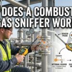 A photograph of an industrial technician in a hard hat and safety gear using a handheld gas leak detector on complex steel piping within a plant, overlaid with large bold text reading "HOW DOES A GAS LEAK DETECTOR WORK" and "RELIABLE GAS DETECTION," alongside a detailed infographic showing the internal Catalytic and Infrared sensor probe, digital signal processing, and display alarm functions.