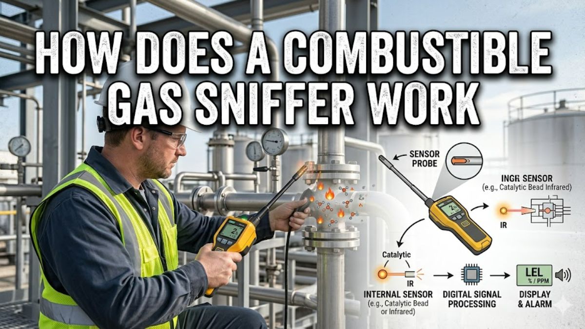 A photograph of an industrial technician in a hard hat and safety gear using a handheld gas leak detector on complex steel piping within a plant, overlaid with large bold text reading "HOW DOES A GAS LEAK DETECTOR WORK" and "RELIABLE GAS DETECTION," alongside a detailed infographic showing the internal Catalytic and Infrared sensor probe, digital signal processing, and display alarm functions.