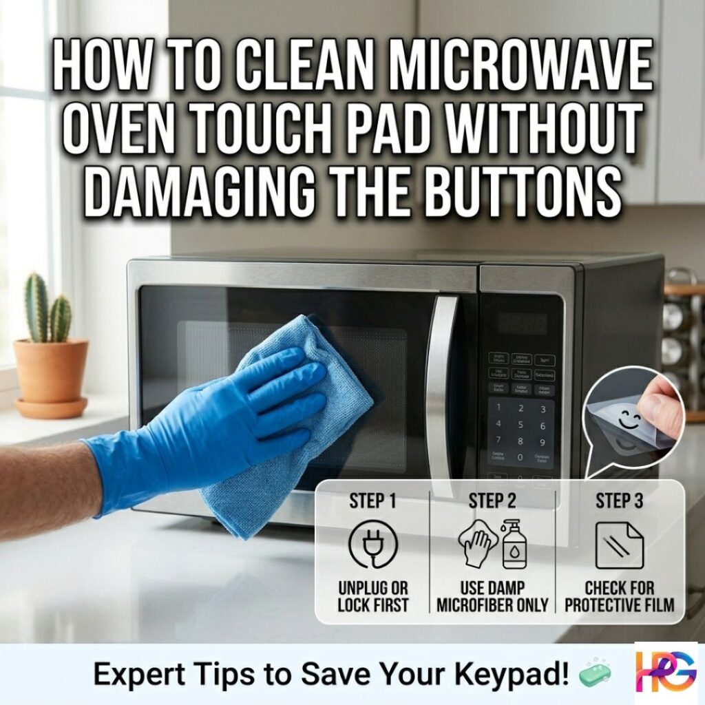 A square infographic showing how to clean a microwave oven touch pad without damaging the buttons, featuring a three-step guide overlay and an HPG logo.