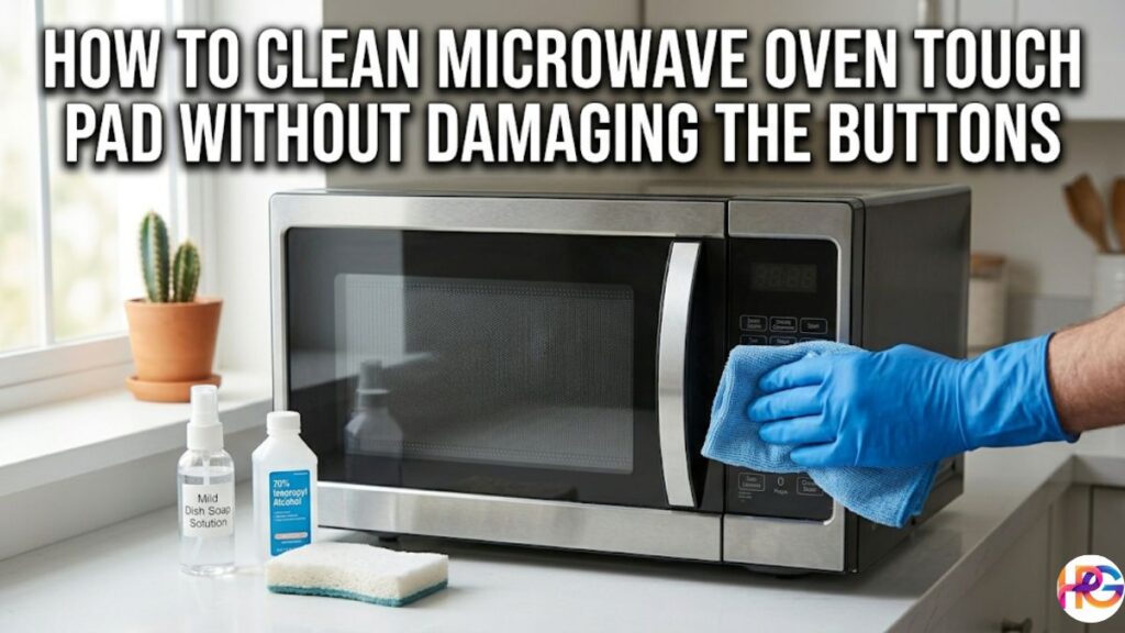 A person wearing a blue rubber glove carefully wipes a stainless steel microwave oven touch pad with a blue cloth next to a bottle of rubbing alcohol.