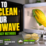 Hand cleaning the inside of a microwave with lemon, vinegar, and baking soda shown beside bold text about deep cleaning methods.