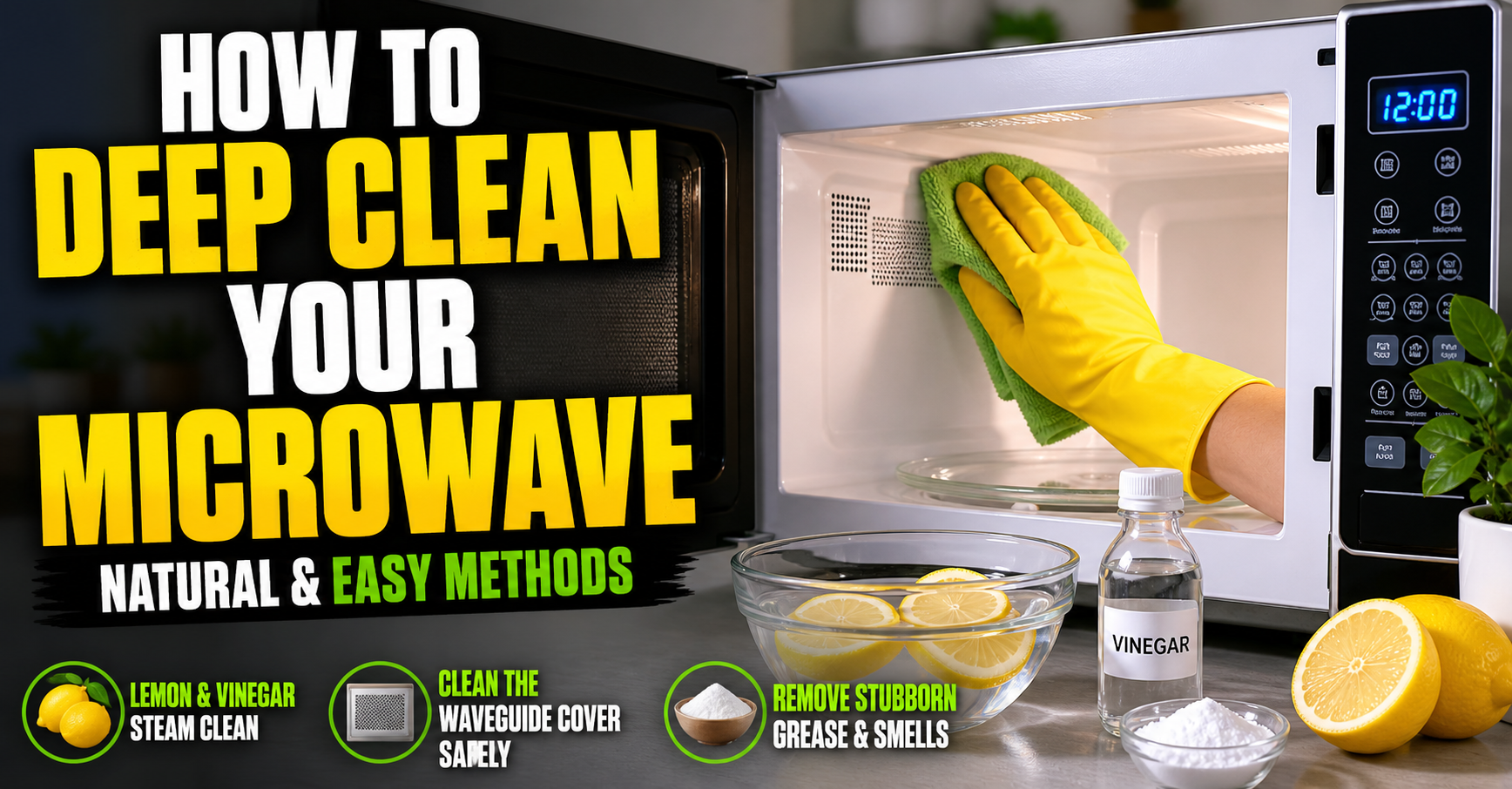 Hand cleaning the inside of a microwave with lemon, vinegar, and baking soda shown beside bold text about deep cleaning methods.