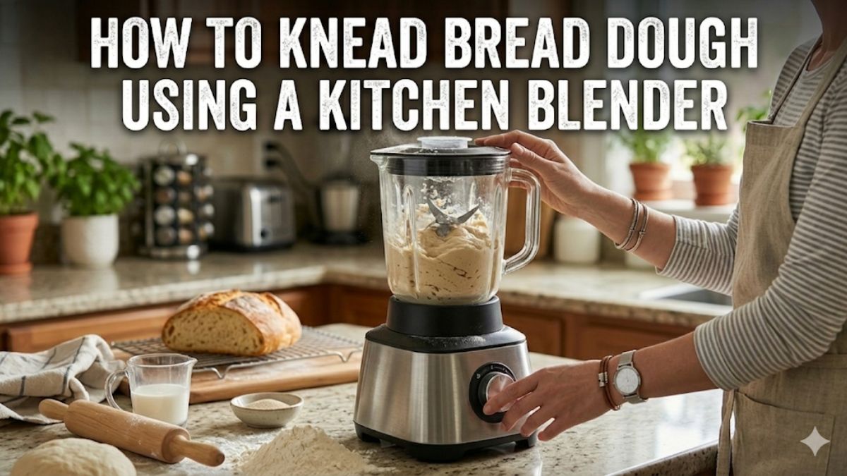 An image of a countertop blender vigorously kneading a ball of bread dough. Text overlay at the top reads: 'HOW TO KNEAD BREAD DOUGH USING A KITCHEN BLENDER'. A woman's hands are visible operating the machine.