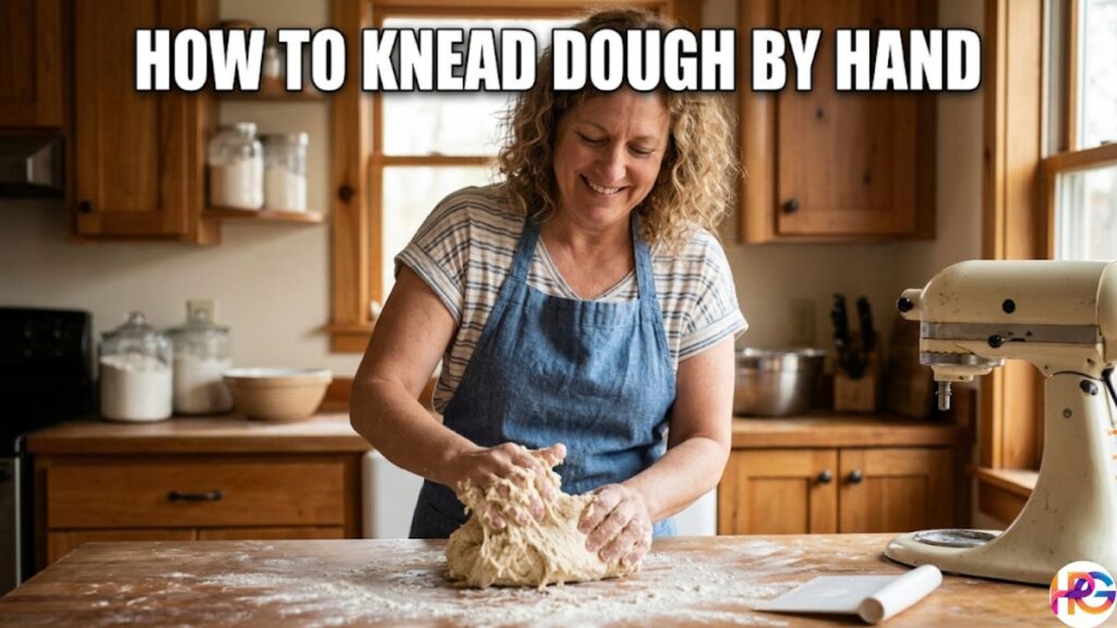 A vibrant photograph of a smiling woman in a denim apron kneading a large piece of dough on a floured wooden counter in a cozy kitchen. Text overlay at the top reads: HOW TO KNEAD DOUGH BY HAND.