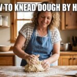 A vibrant photograph of a smiling woman in a denim apron kneading a large piece of dough on a floured wooden counter in a cozy kitchen. Text overlay at the top reads: HOW TO KNEAD DOUGH BY HAND.