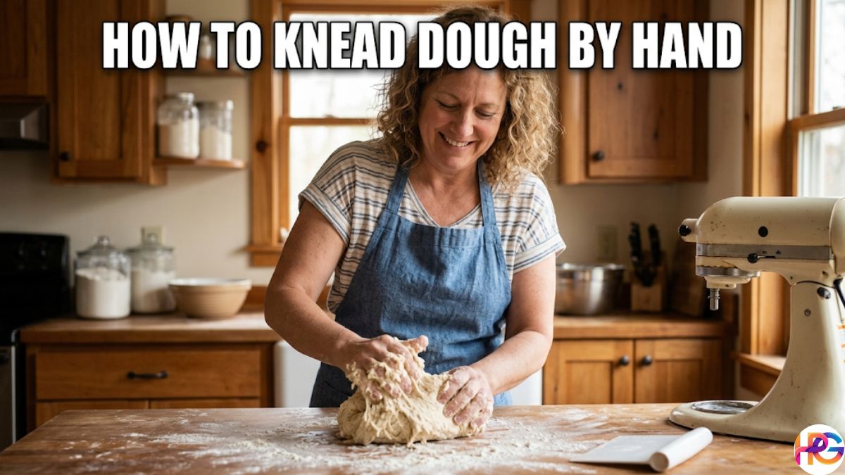 A vibrant photograph of a smiling woman in a denim apron kneading a large piece of dough on a floured wooden counter in a cozy kitchen. Text overlay at the top reads: HOW TO KNEAD DOUGH BY HAND.