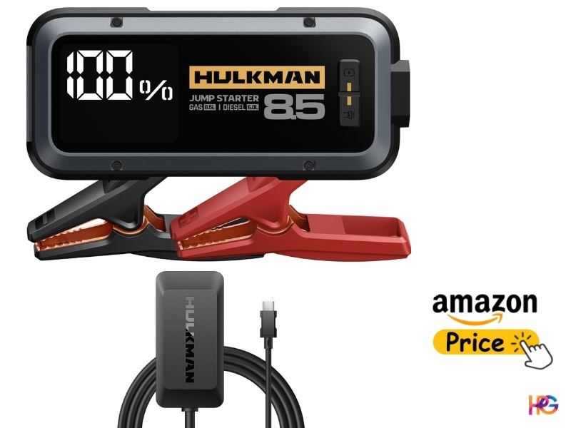 Hulkman Alpha 85 portable car jump starter with 3.3-inch LED screen showing 100 percent charge and 2000A peak current.